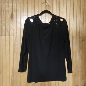 Susan Graver Women's Black Cold-Shoulder Long Sleeve Top with Stud Details Large